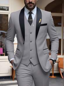 Conjunto de traje de esmoquin de 3 piezas de corte slim para hombre, con chaqueta blazer de solapa de chale, chaleco y pantalones, color negro - Gris Claro - Ver 1