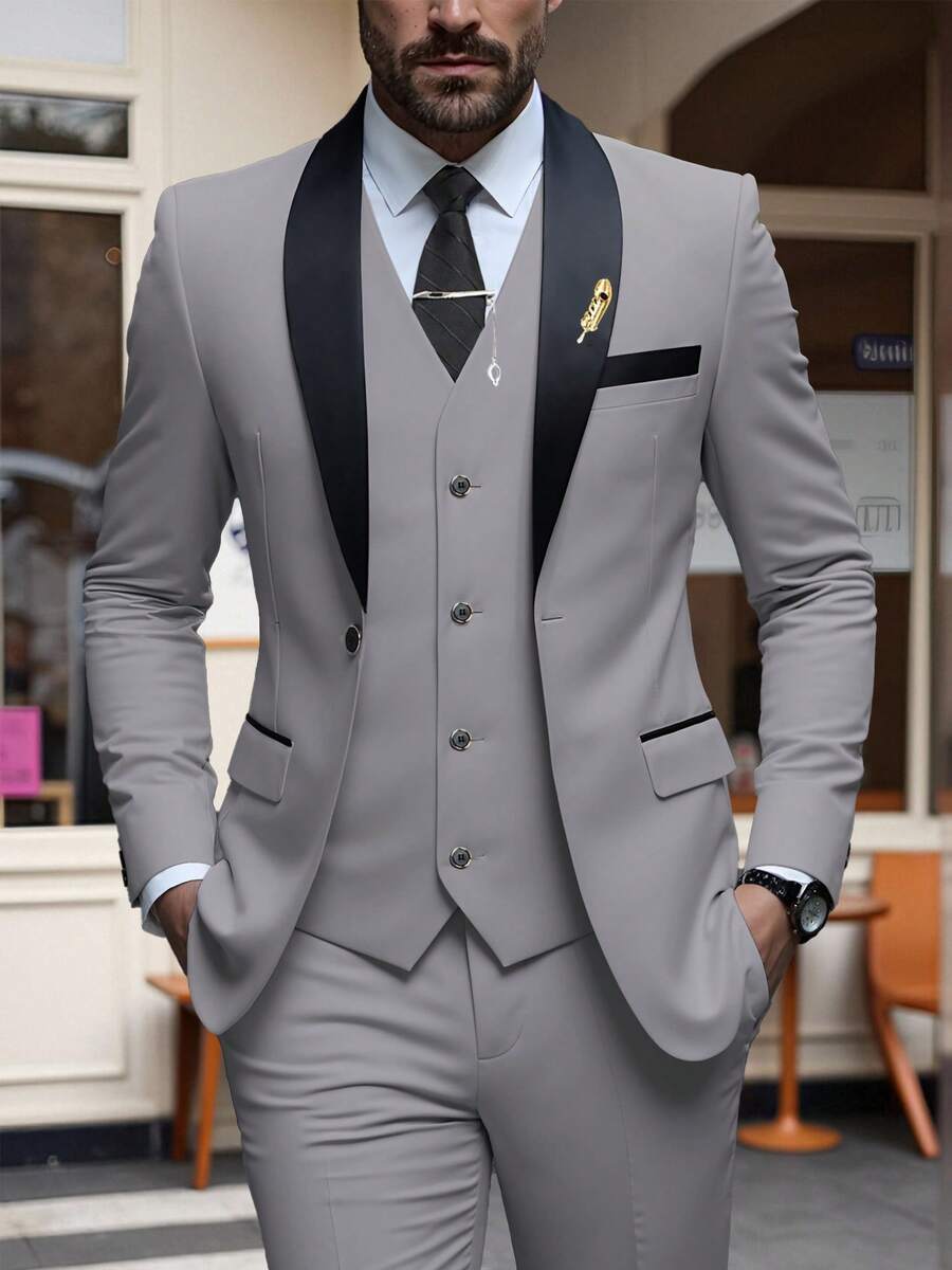Conjunto de traje de esmoquin de 3 piezas de corte slim para hombre, con chaqueta blazer de solapa de chale, chaleco y pantalones, color negro - Gris Claro - Ver 1