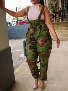 Magic Mia Valentine's Day, Date Night Outfit, Gifts For Her Women's Camo Print Two-Piece Outfit - Adjustable Suspender & High-Waisted Baggy Cargo Pants For Urban Street Outings,  Social Gatherings (Baggy Cargo Silhouette & Bold Camo Pattern) For Effortlessly Cool Stylish Looks - 迷彩 - 查看 5