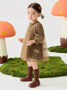 mini bala Girls Embroidered Mesh Party Dress, Sweet Peter Pan Collar - Coffee Red Tone - View 8