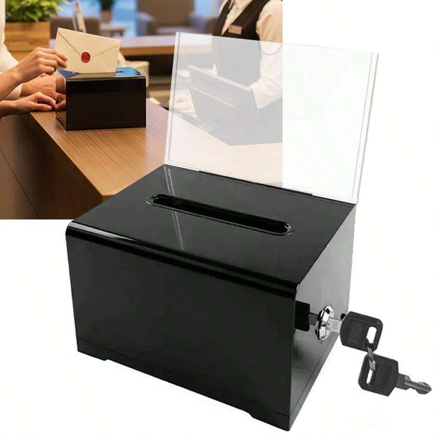 Secure Black Acrylic Donation Box For Events Portable With Lock And Sign Holder - Black - View 1