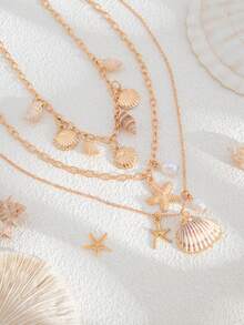 3件套海洋度假风几何链项链，饰有贝壳、海星、扇贝和仿珍珠吊坠，优雅奢华，适合婚礼、派对、海滩、日常休闲、街头风格，女士及情侣礼物 - 金色 - 查看 7