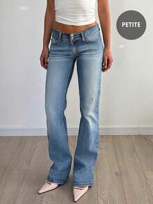 Y2K Style High Waist Button Fly Skinny Distressed Jeans With Pockets, Suitable For Back To School, Commuting And Casual Wear - Medium Wash - View 1