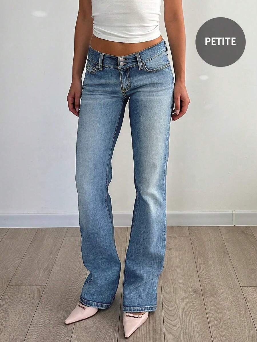 Y2K Style High Waist Button Fly Skinny Distressed Jeans With Pockets, Suitable For Back To School, Commuting And Casual Wear - Medium Wash - View 1