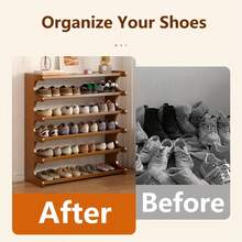 Senmeo 4/5/6-Tier Natural Wood Color Wooden Shoe Rack - Multi-Layer Freestanding Shoe Storage Organizer With Wood Grain Finish, Stackable Shoe Shelves For Entryway, Closet, Hallway, Mudroom, And Front Door, Space-Saving Narrow Shoe Organizer Fits 15-24 Pairs Of Shoes, Easy Assembly Home Storage Supplies For Renters​ - 5 lớp 70 màu nâu - Xem 11
