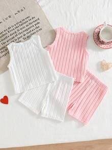Conjunto de 4 piezas de estilo dulce para niñas bebé, conjunto de verano, incluye top acanalado con corazón hueco y transpirable + 2 shorts sueltos, adecuado para bebés de 0-1-2-3 años, bebé niña de 6-9 meses, para uso al aire libre, casual, fiesta, regalo de cumpleaños, regalo de vacaciones - Rosa - Ver 2