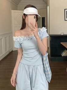 独特设计的层叠荷叶边不对称肩部T恤，女士款，防皱，收腰，修身剪裁，夏季款 - 藍色 - 查看 6