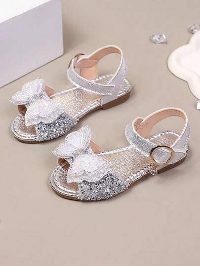 1 Pair Vintage Girls Sandals With Hollow Bowknot And Rhinestones, Sweet Style, Summer New Non-Slip Rubber Sole Open Toe Breathable Fashion, Suitable For Party, Vacation, Breathable Toe-Exposed Beach Sandals With Soft Non-Slip Soles