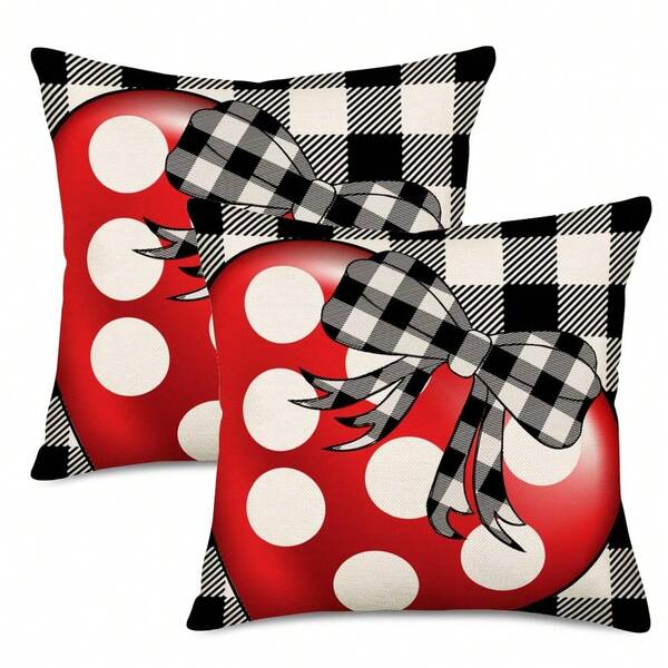 2-Pack Valentine'S Day Pillow Covers, Contemporary Style, Red Love Heart Polka Dot With Black White Buffalo Plaid Bowknot, Machine Washable Linen Style Throw Pillow Cases For Multiple Room Couch Decor, 18x18 Inch Single Sided, No Pillow Core
