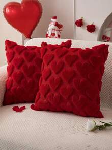 2pcs Valentine'S Day Heart Throw Pillow Covers 18x18 Inch - Red Plush Faux Fur Jacquard Decorative Covers With Zipper Closure, Soft Corduroy-Like Texture, Hand Wash Only For Sofa, Bed, Living Room - Romantic Home Decor (No Batteries/Electricity) - 紅色(2 件) - 查看 7