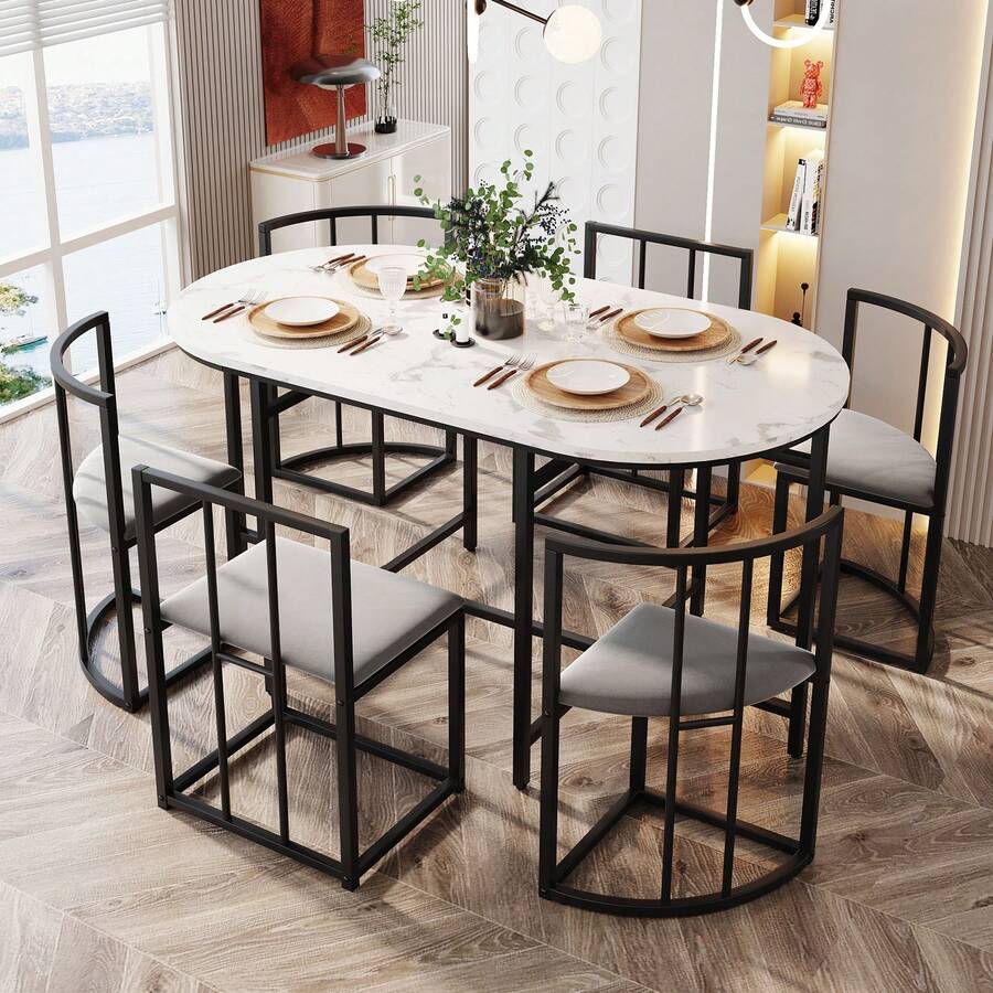 Set Of Six Tables And Chairs: (White Table With Black And Gold Iron Frame, Grey Chair Back Seat And Cushions), White, Gold. - Black - View 1
