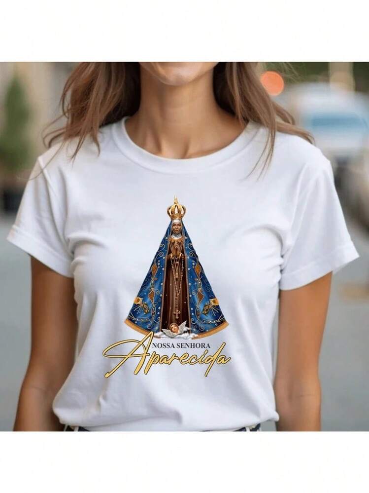 Women's T-Shirt With Our Lady Of Aparecida Design, Christian Style, Cotton. - trắng - Xem 1