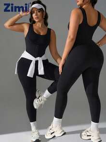 Zimi Collection 1XL-4XL Plus Size Seamless Shapewear Jumpsuit | Black Adjustable Front Buckle Tummy Control Waist Trainer Workout Bodysuit For Gym Daily Wear Under Dresses - Black - View 5