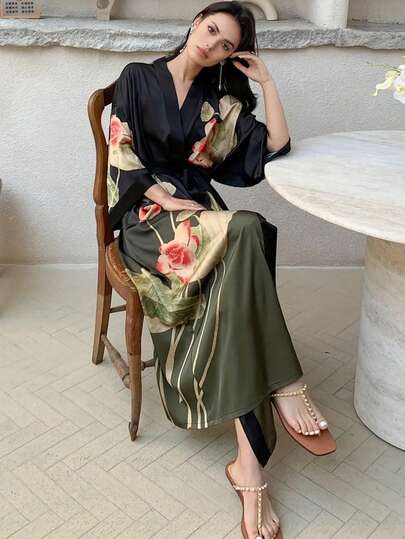 复古优雅宽松时尚印花中长款和服罩衫，休闲系腰长袍，轻薄夏季海滩度假大码罩衫，防晒