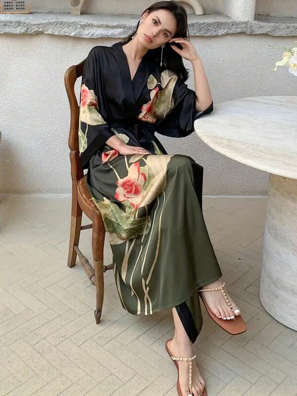 Áo khoác kimono dáng suông cổ điển thanh lịch, in hoa, dài đến đầu gối, kiểu dáng thường ngày, thắt eo, nhẹ nhàng, thích hợp cho kỳ nghỉ hè ở bãi biển, cỡ lớn, chống nắng, màu đen.