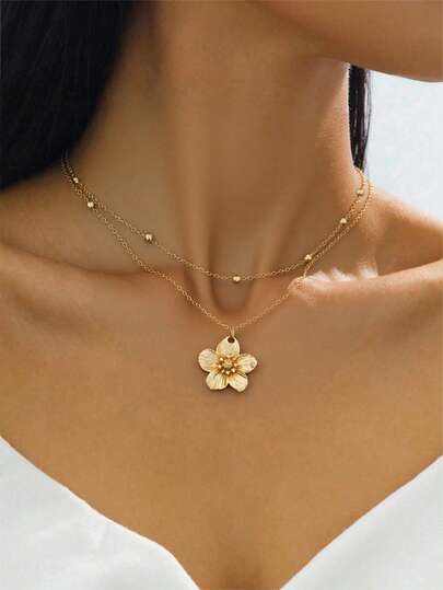 1pc Fashionable Golden Flower Pendant Necklace, Multi-Layer Design, Random Beads Quantity For First Layer, Wedding Gift