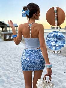 Doriss 两件套串珠装饰U领深V露背背心搭配亮片裙休闲度假套装，适合春夏、情人节、优雅女士、夏季假日装扮、婚礼及活动、外出装扮、女士度假装扮、女士沙滩装扮、春假装扮 - 藍色 - 查看 1