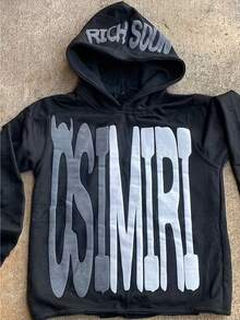 OSIMIRI Letter Graphic Hoodie For Men And Women, Pullover Sweatshirt, Harajuku Star Style Jacket, Urban Fashion.OSIMIRI Letter Printed Hoodie For Men And Women, Pullover Sweatshirt, Harajuku Star Jacket, Streetwear - 黑色 - 查看 1