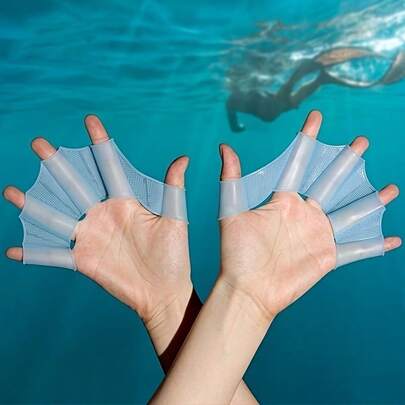 2 piezas Aletas de buceo, Aletas de natación azules, Guantes con dedos de silicona para natación estilo libre, Paletas de mano, Aletas con dedos con membranas, Equipo de natación completo para adultos hombres y mujeres