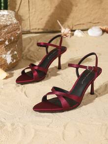 On feet& in love Women's Fashionable Elegant Pointed Toe Thin High Heel Sandals With Criss-Cross Strap Open Toe High Heels, Suitable For Dresses In Summer - Burgundy - View 5