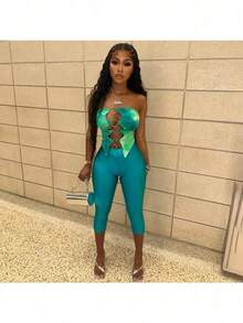 Conjunto de tres piezas con top de pecho hueco con puntada impresa en 3D y pantalones para mujer, para primavera y verano - Verde - Ver 4