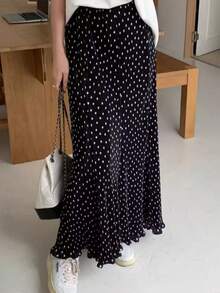 Chic Women's Black Polka Dot Pleated Skirt, Long Ruffle Hem Polyester Skirt For Casual Style Spring - Black and White - View 2