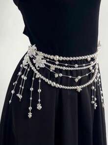 1pc Fashionable Luxurious Casual Elegant Exquisite Unique Lightweight Versatile Butterfly Flower Pearl Multi-Layer Tassel Waist Chain Jewelry For Women - Multicolor - View 2