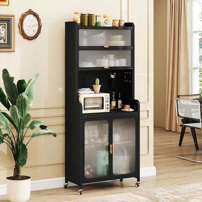  COSTWAY Kitchen Pantry Storage Cabinet, 192 CM Tall Freestanding Metal Coffee Bar W/Large Countertop, Adjustable Shelf, Pegboard & Wheels, Sideboard Buffet Cabinet For Dining Room, Living Room, Black
