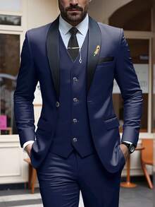 Mens 3 Piece Suit Slim Fit One Button Dress Tuxedo Men Suits Set Solid Color Wedding Classic Tuxedo Shawl Lapel Blazer Men Suits Set - 藏蓝色 - 查看 1