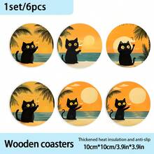 6pcs Cute Black Cat Printed Round Wooden Coasters, Heat-Resistant, Ideal For Beach Lovers And Home Decor, Suitable For Coffee Cups And Beverages, Beach Accessories - Wooden Board-coaster - View 6