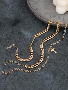 3pcs Layered Chain Bracelet, Classic Safety Pin, Paperclip Layered Mixed Design, Creative Cross Charm Men Jewelry - Yellow Gold - View 2
