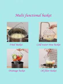 1pc Stainless Steel Frying Basket, Collapsible Home Frying Basket, Multi-Function Kitchen Strainer Basket - Multicolor - View 9