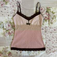 Awevudst Women Y2k Fairy Grunge Tank Tops Vintage Aesthetic Lace Trim Cami Shirt Slim Fit Knit Ribbed Coquette Clothes - 紅色 - 查看 1