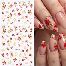 2 Packs/Retro Red Flower Nail Art Stickers, Yellow Stamens, Branches And Leaves With Golden Lines, Suitable For Nude Pink Extension Nails, Manicurist DIY Hand-Painted Nail Art Artifact, Quickly Create A Refined Artistic Sense - Multicolor - View 1