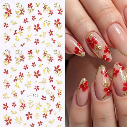 2 Packs/Retro Red Flower Nail Art Stickers, Yellow Stamens, Branches And Leaves With Golden Lines, Suitable For Nude Pink Extension Nails, Manicurist DIY Hand-Painted Nail Art Artifact, Quickly Create A Refined Artistic Sense