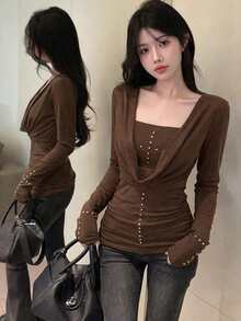Bộ 2 chiếc áo croptop dài tay cổ thấp dáng ôm sát đính đinh tán phong cách Mỹ gợi cảm, thích hợp cho mùa xuân. - Màu cà phê - Xem 6