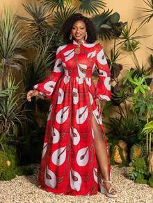 Faeriesty Plus Size Women's Elegant Red Floral Print Dress, With Fashionable Floral Pattern, Lantern Sleeves, Slit Design, Suitable For Elegant Party, Beach Vacation Spring - Red - View 3