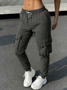 Women's Casual Cargo Pants For Spring/Summer, Lightweight & Breathable With Large Pockets, Suitable For Everyday Casual Wear - Dark Grey - View 4