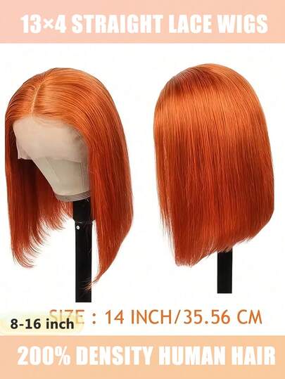 优雅姜橙色短款波波头假发，16英寸，侧分，适合日常佩戴和角色扮演，修饰脸型，可作头套或派对假发。#350 波波头假发，真人发丝，13x4 前蕾丝假发，透明蕾丝前假发，真人发丝，预先拔毛，带婴儿发，直发假发，200% 密度真人发丝，带婴儿发的波波头假发，中分蕾丝假发，自然发际线。姜橙色短款波波头假发，女士适用。