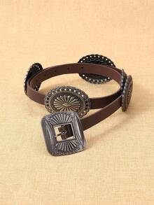 Valentine's Day,1pc Women's Coffee Color PU Round Buckle Belt, Fashionable Classic Leather Belt Suitable For Everyday Use Fall, Autumn, Halloween,Belts For Women,Western Belt, Youth,Casual, Outdoor, Athletic, Vacation, Metal Chain Decorative Belt For Women, Simple Yet Versatile Dress, Fashionable Body Chain, Circular Hollow Waist Chain - 彩色 - 查看 2