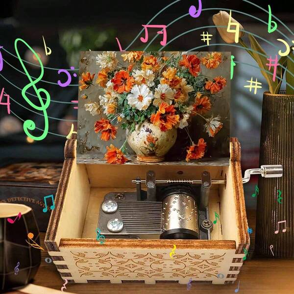Vintage Wooden Hand Crank Music Box With 3D Vase Flower Bouquet Design, Exquisite Engraved Pattern, No Battery Needed, Portable Decorative Music Box For Home Decoration, Relaxation Gift For Flower Lovers, Anniversary Present For Her & Him, Retro Style Handmade Music Box With Melodious Tune