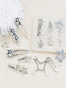 10pcs Gothic Star Clip Set, Metal Star Hair Clips, Y2K Hipster & Sweet Hair Accessories - Silver - View 4