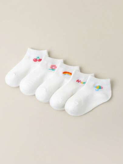 5 Pairs Of Children's Socks Are Included. Cute And Playful Short Socks For Girls, Available In Rainbow, Cherry Blossom, And Letter Patterns, Suitable For Everyday Wear. Boys' School Socks Feature A Flat, Ribbed Design That Won't Constrict The Feet.