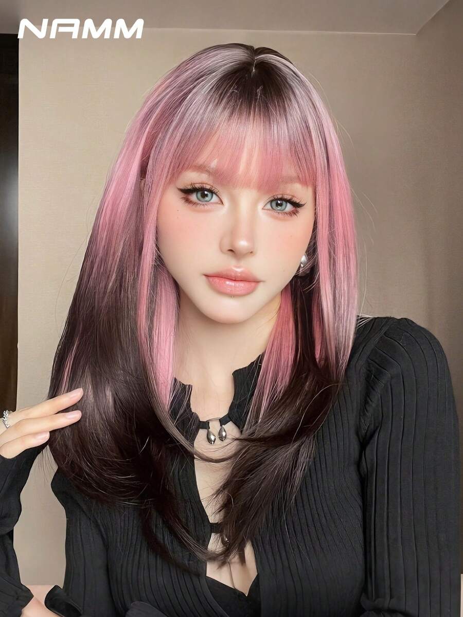 NAMM 20英寸时尚齐肩假发，女士款，深根粉色渐变黑色直发假发，蓬松饱满的机器高密度合成纤维分层假发，适合女孩日常、街头穿搭、音乐节派对摄影等场合，也适合万圣节角色扮演、动漫或服装造型。