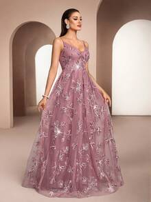 Elegant Women's Sequin Embroidered Maxi Party Dress, Featuring Ruffle Trim Details And A-Line Silhouette, Suitable For Formal Dinners, Weddings, Red Carpet Events And Grand Occasions, Also Can Be Worn As Party Dress, Wedding Guest Dress And Evening Gown - 藕粉色 - 查看 3