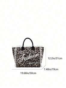 简约时尚帆布条纹手提包，女士单肩包，大容量休闲托特包，豹纹印花流苏装饰，新品上市 - 卡其色 - 查看 5