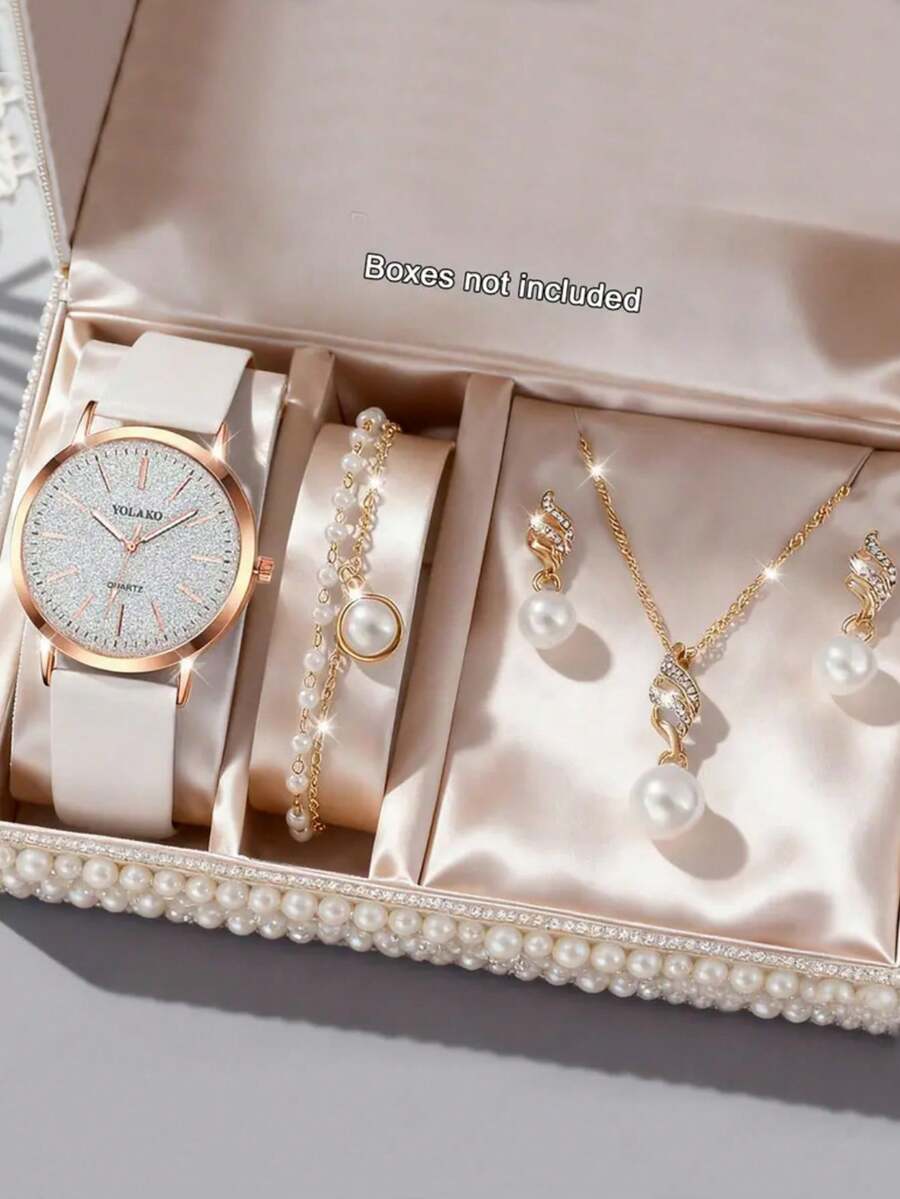 Bộ 5 chiếc đồng hồ nữ thời trang dây thép tròn, mặt tròn đa năng, có thể phối cùng vòng tay, dây chuyền, bông tai và các loại trang sức khác để tạo thành bộ trang sức, phù hợp cho đeo hàng ngày, các sự kiện trang trọng và các dịp khác, là món quà tuyệt vời dành cho phụ nữ. - trắng - Xem 1