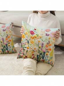 2件装波西米亚风活力花卉图案春季花卉波西米亚抱枕套，几何印花波西米亚靠垫套，复古亚麻质感，畅销款，隐形拉链，可机洗，家居装饰抱枕套，适用于沙发、客厅、卧室，不含枕芯 - 彩色 - 查看 5