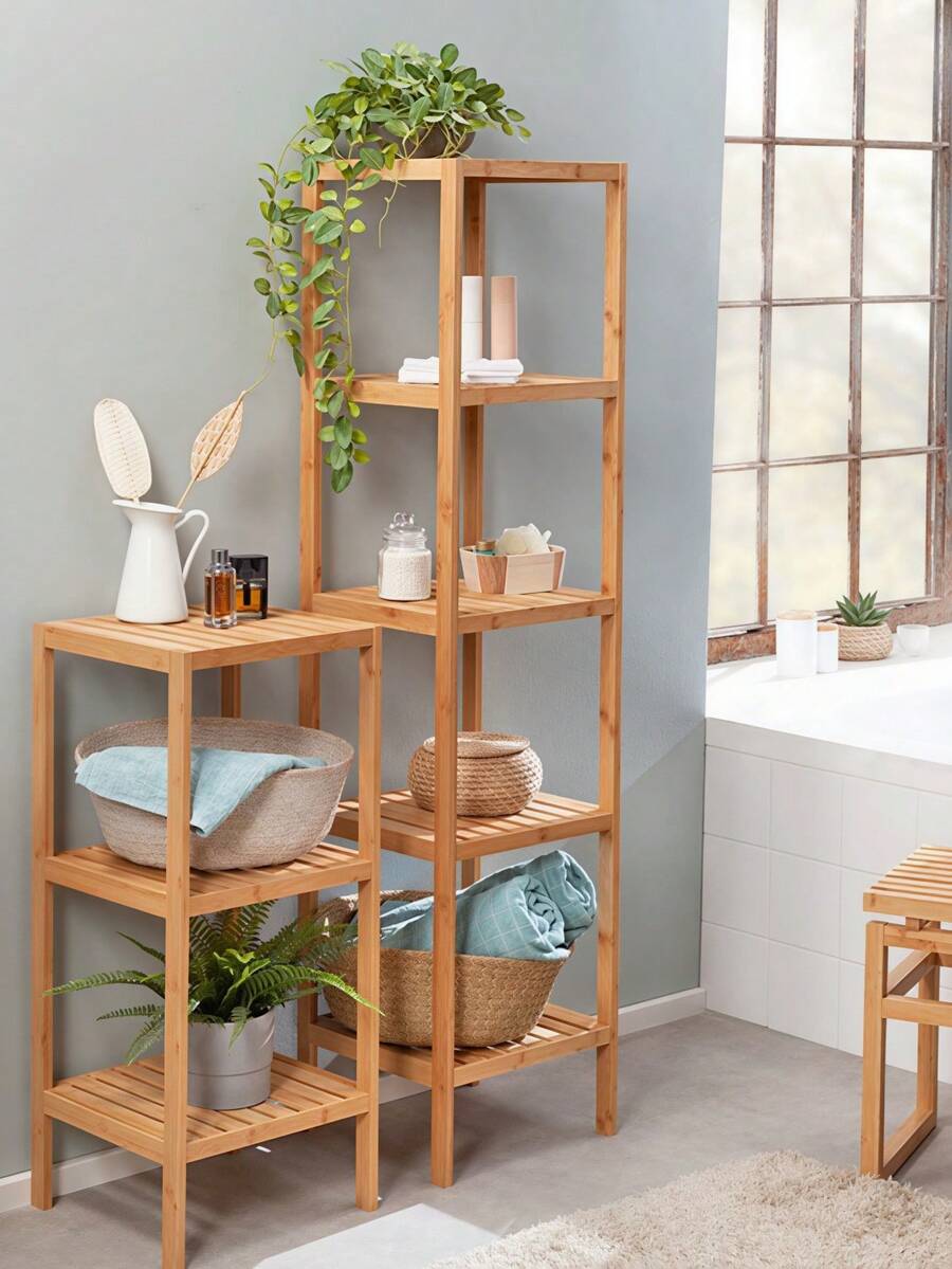 1pc 3-Tier/4-Tier Freestanding Bamboo Shelving Unit, Suitable For Bathroom, Kitchen, Living Room, Natural Material - Log - View 1