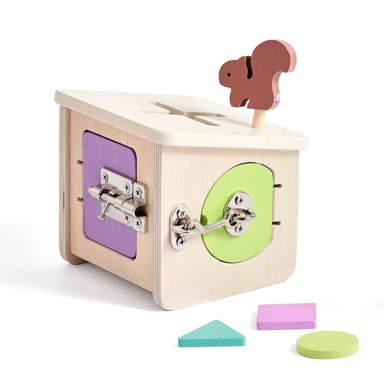 6-Sided Unlocking Cute Squirrel Busy Box, Wooden Multi-Function Unlock House, Home Decor Storage Ornament, Develop Hands-On Ability & Focus, Early Educational Puzzle Toy For Toddlers - Multicolor - View 12